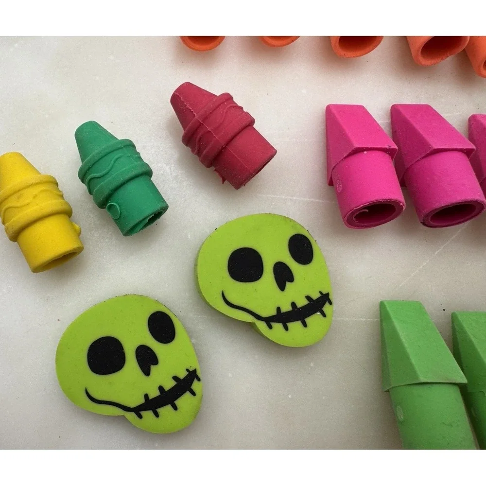 Pencil Top Erasers Lot Teacher Reward Box Novelty Skull Crayon Erasers Pink Pear